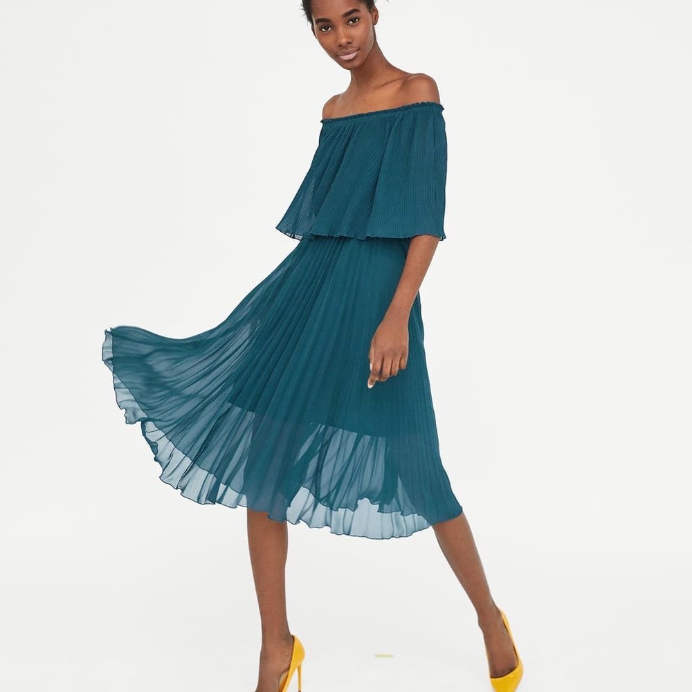 Zara Off The Shoulder Pleated Midi Dress